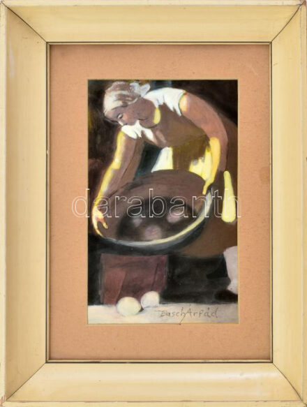 Basch Árpád jelzéssel: Szorgoskodó hölgy. Vegyes technika, papír, üvegezett fakeretben, 25x15,5 cm