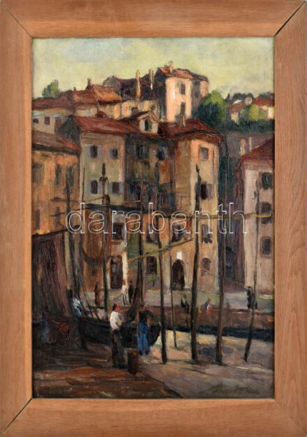 Horváth Béla (1888-1973): Kikötő. Olaj, karton, jelezve jobbra lent. Fakeretben. 60x48 cm /