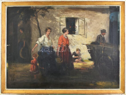 Gyertyáni Németh Gyula (1892-1946): Sürgés-forgás. Olaj, vászon, jelezve jobbra lent. Szélein apró felületi sérülésekkel. Dekoratív fakeretben, keret hátoldalán Géberth budapesti képkeretező címkéjével. 48x65 cm /