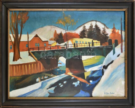 Ziffer Sándor jelzéssel: Téli táj. Olaj, karton. Dekoratív, üvegezett fakeretben. 56x72 cm
