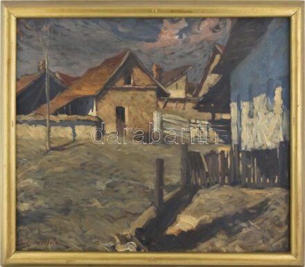 Lindenfeld Emil (1905-1986): 'Ami udvarunk' (Hódmezővásárhely?). Olaj, vászon. Jelzett. Hátoldalán a vakrámán autográf felirattal és ajándékozási sorokkal. Dekoratív fakeretben. 60x70 cm