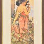 Alphonse Mucha: Szegfű. Színes nyomat, papír, dekoratív, üvegezett keretben, 36x13 cm (keret: 48x25 cm)