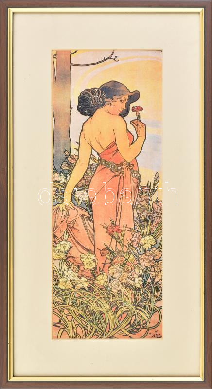 Alphonse Mucha: Szegfű. Színes nyomat, papír, dekoratív, üvegezett keretben, 36x13 cm (keret: 48x25 cm)