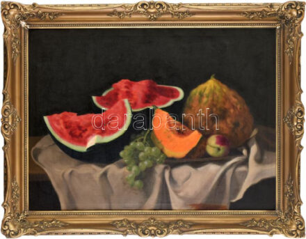 Molnár Z. János jelzéssel: Csendélet. Olaj, vászon. Dekoratív, kissé sérült fakeretben, 60×80 cm.
