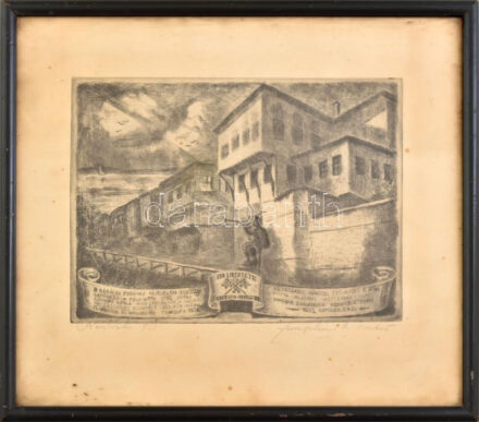 Zemplényi (Zempléni) M. Viktor (1894-?): II. Rákóczi Ferenc fejedelem rodostói lakóháza, felvatta vitéz jákfai Gömbös Gyula miniszterlenök (1933). Rézkarc, papír. Jelzett. Lapszéli apró foltokkal. Üvegezett fakeretben, 18×24,5 cm.