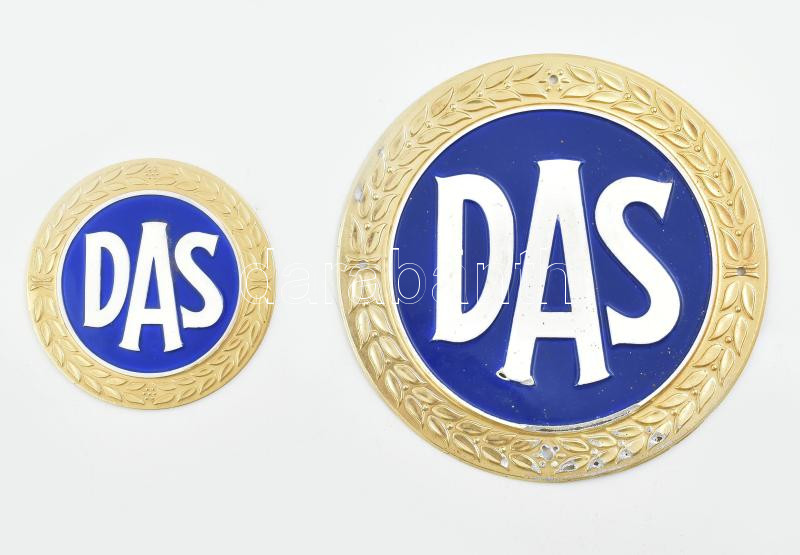 D.A.S. (Deutscher Automobil Schutz), 2 db zománcozott fém tábla, jelvény, az egyik kissé sérült, d: 9 - 15 cm