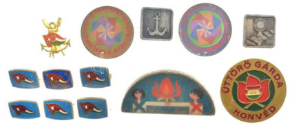 13 darabos 11(xklf) vegyes úttörő témájú tétel, közte 'Úttörő társadalomkutató', 'Őrizzük a lángot' több fokozatú 'Vezetői próba' fém, zománcozott és műgyantás fém, műanyag jelvények T:1- - 3 közte sérült tű