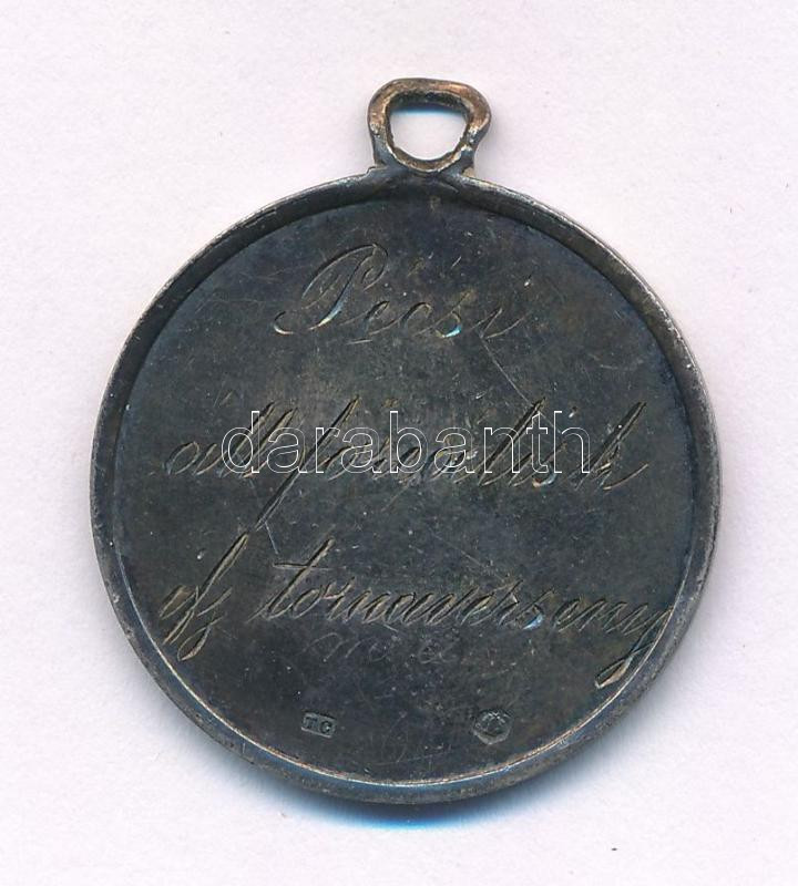 1898. egyoldalas, jelzetlen Ag díjérem 'TC' beütéssel, füllel, hátoldalán gravírozással (6,75g/0.900/27mm) T:1- patina - Image 2