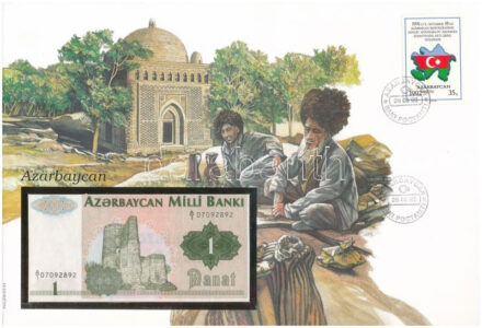 Azerbajdzsán 1992. 1M felbélyegzett borítékban, bélyegzéssel T:I Azerbaijan 1992. 1 Manat in envelope with stamp and cancellation C:UNC