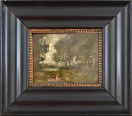 Herman Lipót (1884-1972): Fürdőzők. Olaj, karton. Sarkaiban kissé sérült. Jelezve jobbra lent. Dekoratív üvegezett fakeretben. 18x23 cm.