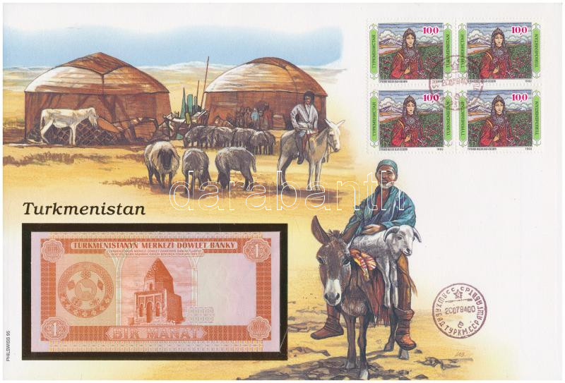 Türkmenisztán 1993. 1M felbélyegzett borítékban, bélyegzéssel T:1 Turkmenistan 1993. 1 Manat in envelope with stamp and cancellation C:UNC
