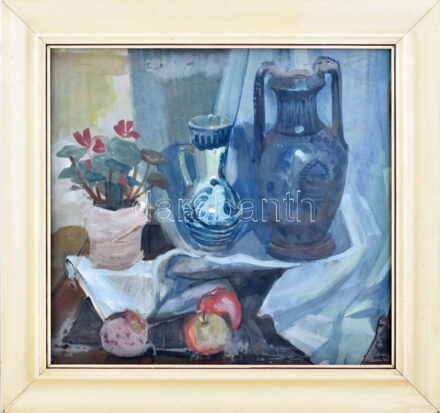 András Tibor (1921-2000): Csendélet. Vegyes technika, papír, jelezve jobbra lent. Üvegezett fakeretben. 42x46 cm