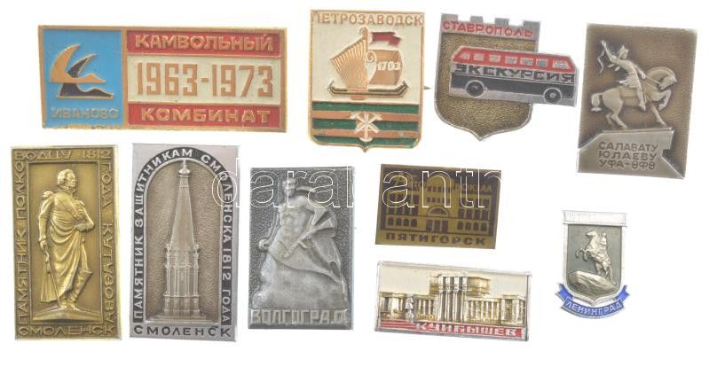 Szovjetúnió ~1970-1980 10xklf városi témájú fém és műgyantás fém jelvény tétel: Szmolenszk (2xklf), Ufa, Kujbisev, Leningrád, Volgográd, Pjatigorszk, Ivanovo, Sztavropol, Petrozavodszk T:1,1- Soviet Union ~1970-1980 10xdf urban