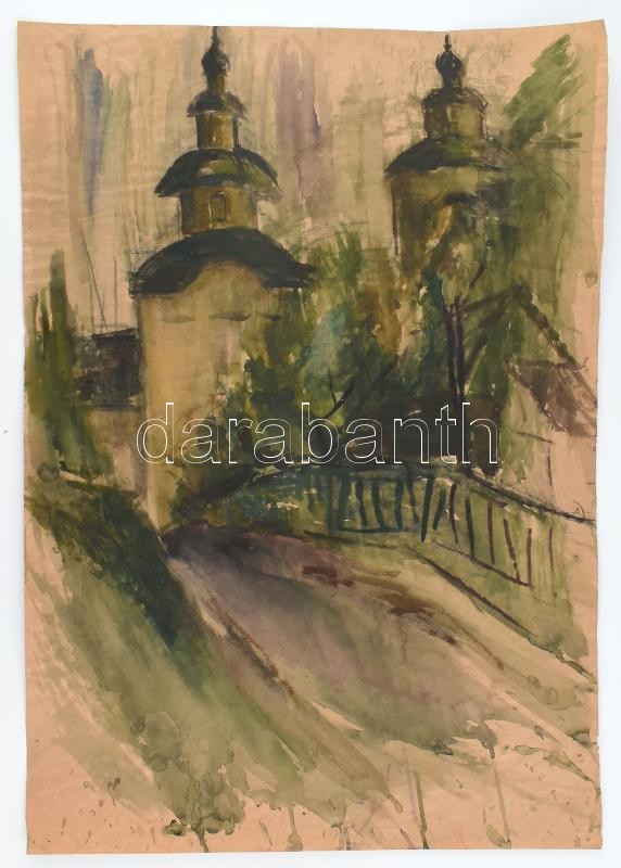 Jelzés nélkül: Városrészlet tornyokkal. Akvarell, papír. 64,5x43,5 cm