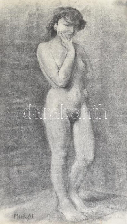 Murai jelzéssel: Álló női akt. Szén, papír. Feltekerve. 59x32 cm