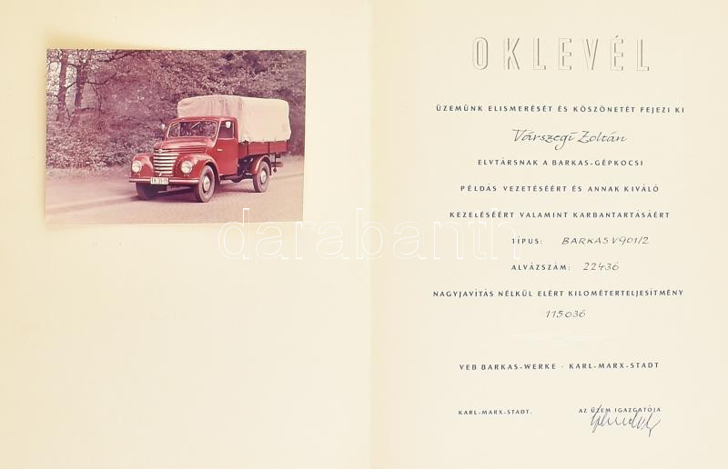 cca 1960 Barkas vezető részére kiállított dicsérő oklevél fényképpel a Barkas gyártól