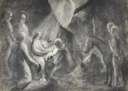 Murai jelzéssel: Háromkirályok imádása. Szén, papír. Feltekerve. Lapszéli apró sérüléssel. 49x63 cm