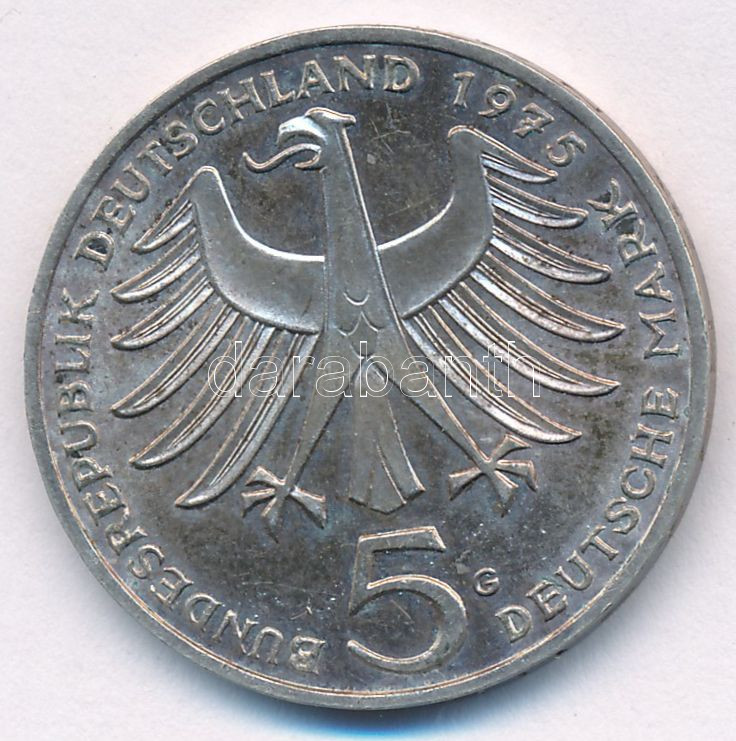 NSZK 1975G 5M Ag 'Albert Schweitzer' T:1,1- patina FRG 1975G 5 Mark 'Albert Schweitzer' C:UNC,AU patina Krause KM#143 - Image 2