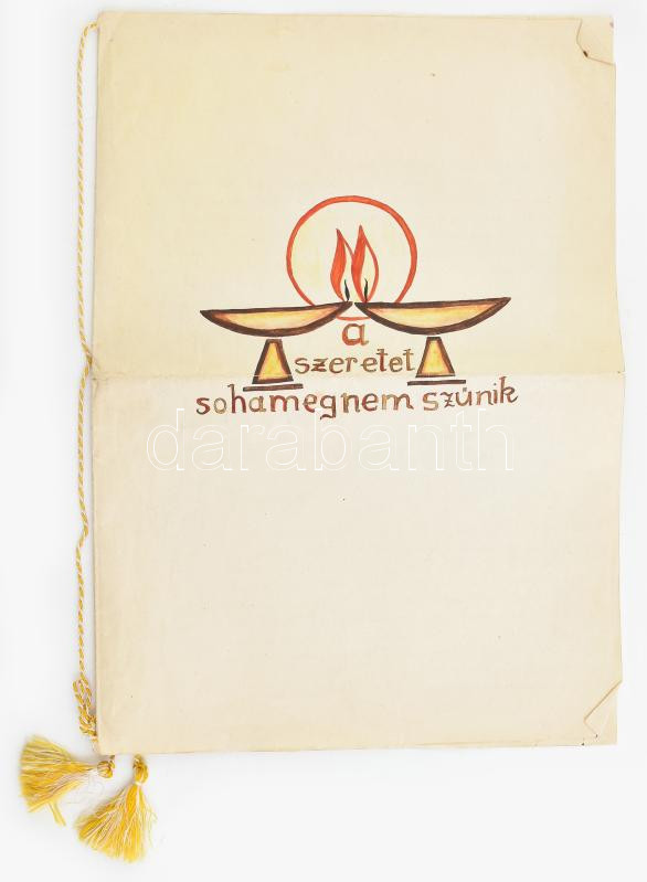 cca 1950 A szeretet soha meg nem szűnik kézzel rajzolt emléklap 4 p