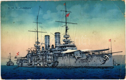 1915 SMS Habsburg az Osztrák-Magyar Haditengerészet Habsburg-osztályú pre-dreadnought csatahajója / K.u.K. Kriegsmarine Schlachtschiff / WWI Austro-Hungarian Navy pre-dreadnought battleship SMS Habsburg. G. Costalunga, Pola 1915. Druck v. M.