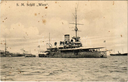 SM Schiff 'Wien' (Küstenverteidiger) K.u.K. Kriegsmarine / SMS Wien az Osztrák-Magyar Haditengerészet Monarch-osztályú partvédő csatahajója / WWI Austro-Hungarian Navy SMS Wien coastal defense ship (lyuk / pinhole)