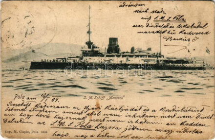 1904 SMS Monarch az Osztrák-Magyar Haditengerészet Monarch-osztályú partvédő páncélosa. / K.u.K. Kriegsmarine / Austro-Hungarian Navy SMS Monarch, Monarch-class coastal defense ship. Dep. M. Clapis, Pola 1635. (fa)