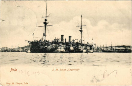 1903 SMS Tegetthoff az Osztrák-Magyar Haditengerészet Tegetthoff-osztályú csatahajója / SM Schlachtschiff 'Tegetthoff', K.u.K. Kriegsmarine / SMS Tegetthoff, Austro-Hungarian Navy Tegetthoff-class battleship. Dep. M. Clapis, Pola (szakadás /