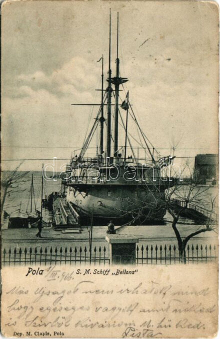 1906 SMS Bellona az Osztrák-Magyar Haditengerészet uszály laktanyája (ex SMS Kaiser) / K.u.K. Kriegsmarine Wohnschiff / Austro-Hungarian Navy Barracks ship for mariners. Dep. M. Clapis, Pola (EK)