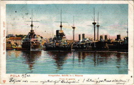 1902 Pola, K.u.K. Kriegsmarine Schiffe in I. Reserve / Porto di guerra, Navi in Riserva / Osztrák-Magyar Haditengerészet csatahajói Polában a tartalék kikötőben / Austro-Hungarian Navy battleships in the reserve dock near the Pula shipyard.