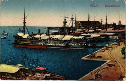 1918 Pola, Pula; K.u.K. Kriegsmarine Kriegshafen / Osztrák-magyar haditengerészeti kikötő / Austro-Hungarian Navy port, naval base and shipyard. M. Schulz + 'Zensuriert S.M. D. 'Belvedere' II. Tb.-Fl.' 'K.U.K. MARINEFELDPOSTAMT POLA' (EK)