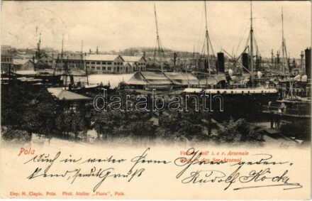 1901 Pola, Pula; Blick in das See-Arsenal. K.u.K. Kriegsmarine Kriegshafen / Osztrák-magyar haditengerészeti kikötő / Austro-Hungarian Navy port, naval base and shipyard. Dep. M. Clapis. Phot. Atelier 'Flora'