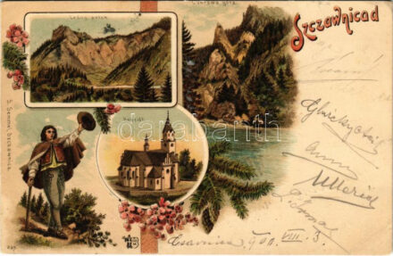 1900 Szczawnica, Lesny potok, Cukrowa gora, Kosciól. S. Semmel Art Nouveau, floral, litho (EB)