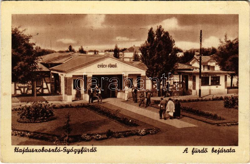 Hajdúszoboszló-gyógyfürdő, a fürdő bejárata, M. kir. postahivatal (EK)
