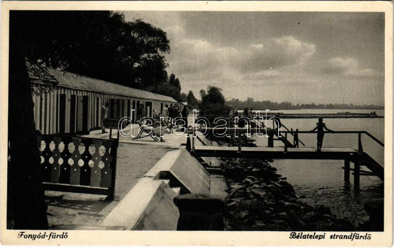 1938 Fonyód, Bélatelepi strandfürdő, 'Idegeneknek tilos az átjárás' feliratos tábla, sorkabinok