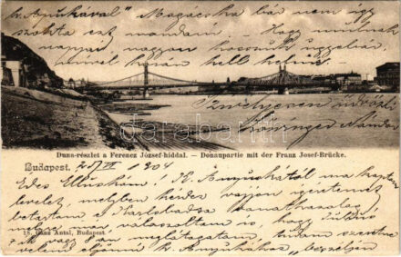1904 Budapest, Duna részlet a Ferenc József híddal, a budai rakpart még kiépítetlen. Ganz Antal 18.