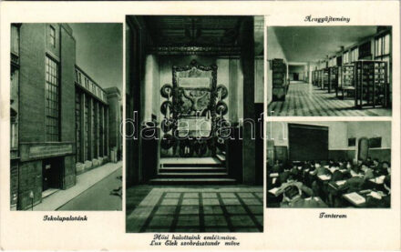 Budapest VIII. Vas utcai Községi gróf Széchenyi István felső kereskedelmi fiúiskola, iskolapalotánk, hősi emlékmű (Lux Elek szobrásztanár műve), tanterem, árugyűjtemény, belsők