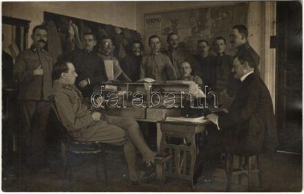Harctéri katonai iroda gépíróval és Európa térképpel / WWI Austro-Hungarian K.u.K. military, field office with the map of Europe and typewriter. photo