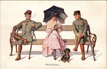 Belagerung / WWI German military art postcard, Lady with dachshund dog, flirting German military officers, humour. M. Munk Wien Nr. 1119. s: Zasche