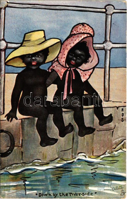1910 'Down by the riverside' Black children. Raphael Tuck & Sons' 'Oilette' Postcard 9050. 'Happy Little Coons' Ser. II. / Fekete gyerekek a folyóparton