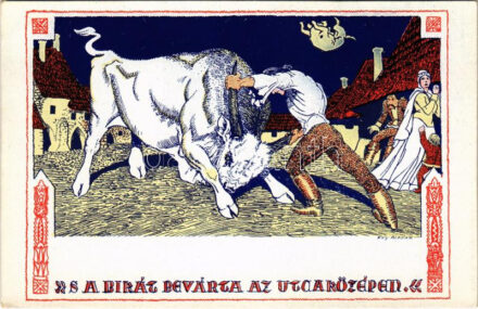 S a bikát bevárta az utcaközépen. Fáy Aladár iparrajziskolai tanár rajzsorozata Arany János 'Toldi'-jához, Jelenet a IX. énekből (non PC)