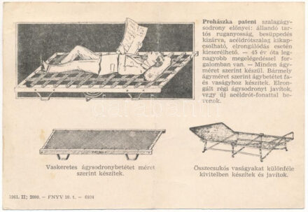 1962 Prohászka János lakatosmester reklámja, Prohászka patent szalagágysodrony. Budapest VI. Zichy Jenő utca 46. / Hungarian master locksmith's advertisement card (fa)
