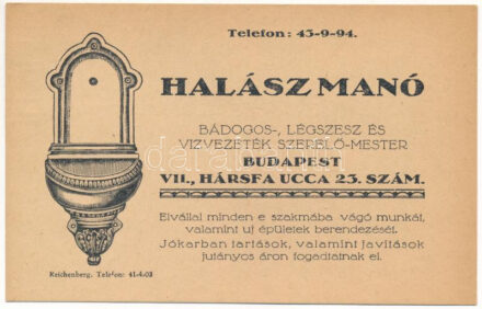 1940 Halász Manó bádogos, légszesz és vízvezeték szerelő-mester reklámja, falikút / Hungarian tinsmith and plumber advertisement card