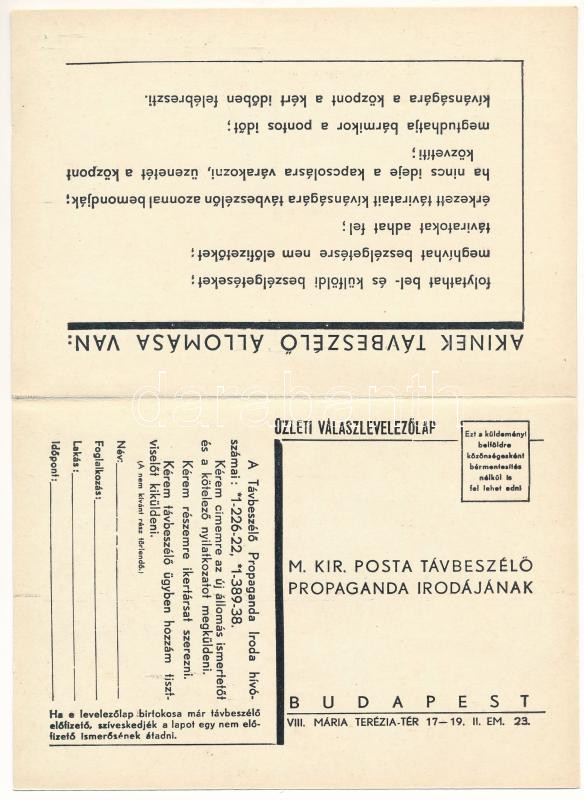 Lépjen be a távbeszélő előfizetők sorába! A Magyar Királyi Posta Távbeszélő Propaganda Irodájának reklámlapja és válaszlapja kihajtható képeslapon / Hungarian Royal Post's Phone Propaganda Office, folding advertisement postcard - Image 2