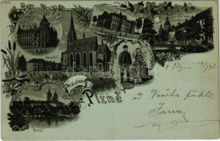 1898 (Vorläufer) Plzen, Pilsen; C. k. Posta, Sokolovna, Námestí, Templ, Kopeckého sady / post office, Sokol palace, main square, synagogue, park, Czech folklore. Art Nouveau, floral, litho (EK)