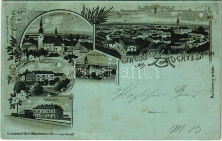 1898 (Vorläufer) Suchdol nad Odrou, Zauchtel; Kathol. Kirche, Protestant. Kirche, Volksschule, Nordbahnhof / churches, school, railway station. Kunstanstalt Karl Schwidernoch Art Nouveau, floral, litho (fl)