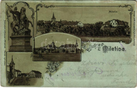 Miletín, Miletin; Námestí, Kostel s okolim / general view, square, monument, church. Art Nouveau, floral, litho (wet damage)