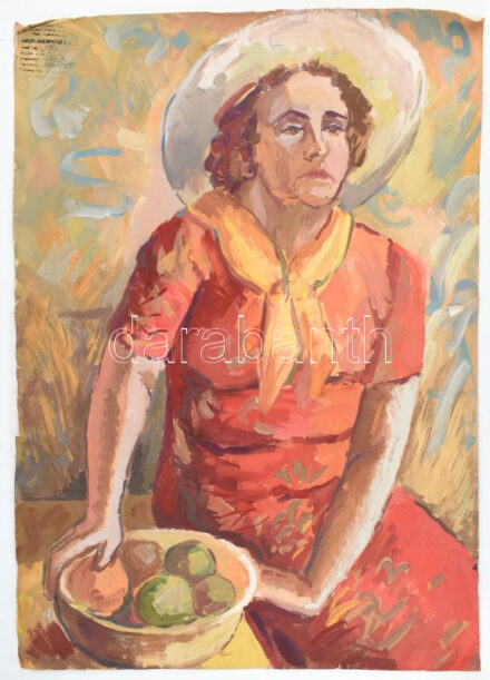 Jelzés nélkül: Hölgy kalapban. Olaj, papír, szovjet vagy orosz kiviteli bélyegzővel, sérült, 83x59,5 cm