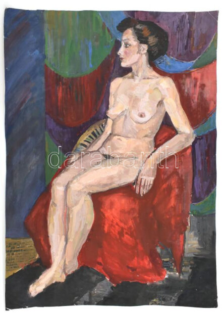 Olvashatatlan jelzéssel: Fotelben ülő női akt. Gouache, papír, kissé sérült, orosz vagy szovjet kiviteli pecséttel, 79x55 cm