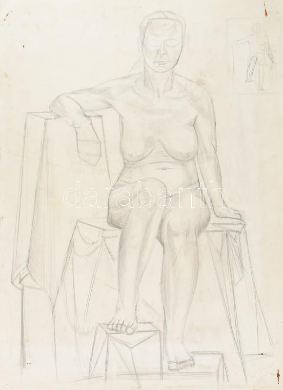 Jelzés nélkül: Ülő női akt tanulmány. Ceruza, papír, sérült, kissé foltos, 86x61 cm
