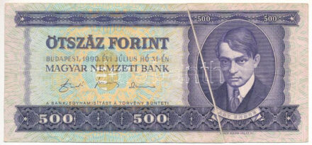 1990. 500Ft 'E 427 028184' látványos papírránccal T:III Adamo F43
